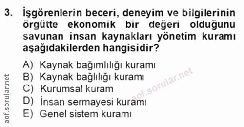 3. soru: İşgörenlerin beceri, deneyim ve bilgilerinin örgütte ekonomik bir değeri olduğunu savunan insan kaynakları yönetim ku…