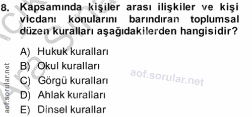 8. soru: Kapsamında kişiler arası ilişkiler ve kişi vicdan! konularını barındıran toplumsal düzen kuralları aşağıdakilerden ha…