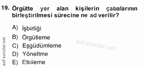 19. soru: Örgütte yer alan kişilerin çabalarının birleştirilmesi sürecine ne ad verilir? A) İşbirliği B) Örgütleme C) Eşgüdümle…