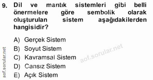 9. soru: Dil ve mantık sistemleri gibi belli önermelere göre sembolik olarak oluşturulan sistem aşağıdakilerden hangisidir? A)…