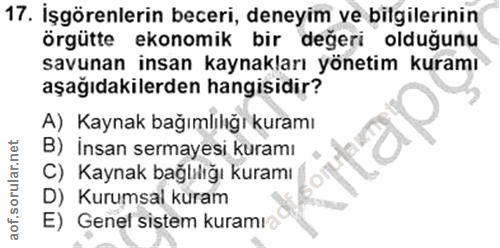 17. soru: İşgörenlerin beceri, deneyim ve bilgilerinin Örgütte ekonomik bir değeri olduğunu savunan insan kaynakları yönetim ku…