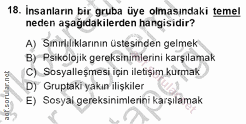 18. soru: İnsanların bir gruba üye olmasındaki teme! neden aşağıdakilerden hangisidir? A) Sınırlılıklarının üstesinden gelmek B…