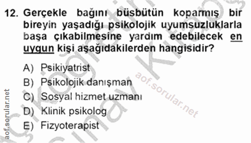 12. soru: Gerçekle bağını büsbütün koparmış bir bireyin yaşadığı psikolojik uyumsuzluklarla başa çıkabilmesine yardım edebilece…