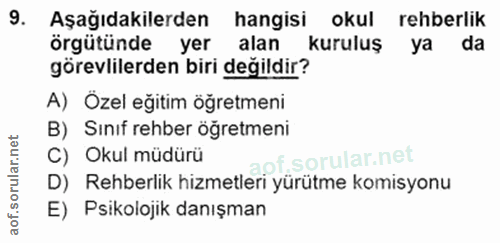 9. soru: Aşağıdakilerden hangisi okul rehberlik örgütünde yer alan kuruluş ya da görevlilerden biri değildir? A) Ozel eğitim ö…