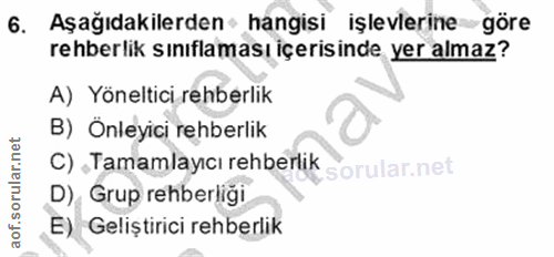 6. soru: Aşağıdakilerden • hangisi işlevlerine göre rehberlik sınıflaması içerisinde yer almaz? A) Yöneltici rehberlik B) Önle…