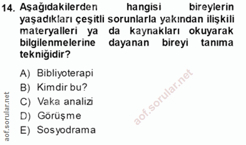 14. soru: Aşağıdakilerden hangisi bireylerin yaşadıkları çeşitli sorunlarla yakından ilişkili materyalleri ya da kaynakları oku…