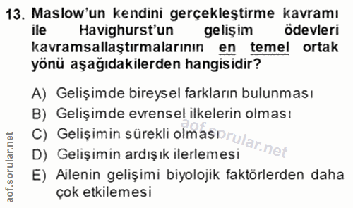 13. soru: Maslow'un kendini gerçekleştirme kavramı ile Havighurst'un gelişim ödevleri kavramsallaştırmalarının en temel ortak y…