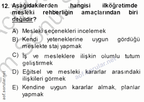 12. soru: Aşağıdakilerden hangisi ilkögretimde mesleki rehberligin amaçlarindan biri değildir? A) Mesleki seçenekleri incelemek…