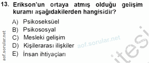 13. soru: Erikson'un ortaya atmış olduğu gelişim kuramı aşağıdakilerden hangisidir? A) Psikoseksüel B) Psikososyal C) Mesleki g…