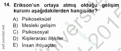 14. soru: Erikson'un ortaya atmış olduğu gelişim kuramı aşağıdakilerden hangisidir? A) Psikoseksüel B) Mesleki gelişim C) Psiko…