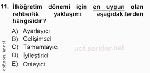 11. soru: İlköğretim dönemi için en uygun olan rehberlik yaklaşımı aşağıdakilerden hangisidir? A) Ayarlayıcı B) Gelişimsel C) T…