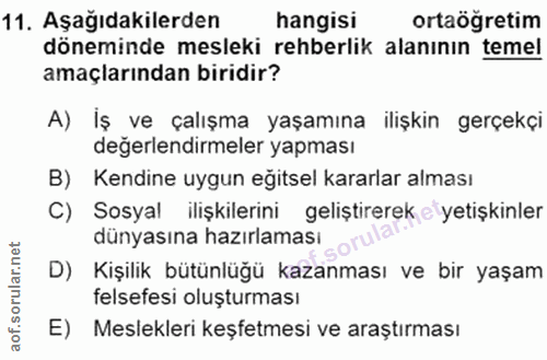 11. soru: Aşağıdakilerden hangisi ortaöğretim döneminde mesleki rehberlik alanının temel amaçlarından biridir? A) Iş ve çalışma…