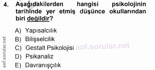 4. soru: Aşağıdakilerden hangisi psikolojinin tarihinde yer etmiş düşünce okullarından biri değildir? A) Yapısalcılık rular.ne…