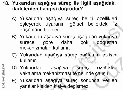18. soru: Yukarıdan aşağıya süreç ile ilgili aşağıdaki| ifadelerden hangisi doğrudur? A) Yukarıdan aşağıya süreç belirli özelli…