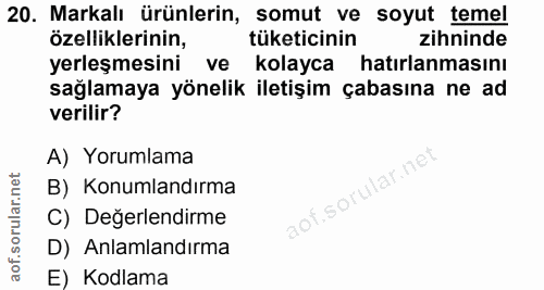 20. soru: Markalı ürünlerin, somut ve soyut temel özelliklerinin, tüketicinin zihninde yerleşmesini ve kolayca hatırlanmasını s…