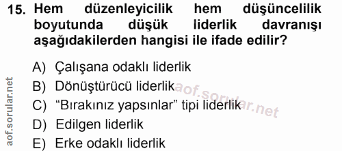 15. soru: Hem düzenleyicilik hem düşüncelilik boyutunda düşük liderlik davranışı aşağıdakilerden hangisi ile ifade edilir? A) Ç…