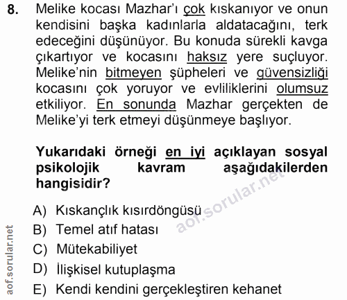 8. soru: Melike kocası Mazharı çok kıskanıyor ve onun kendisini başka kadınlarla aldatacağını, terk edeceğini düşünüyor. Bu ko…