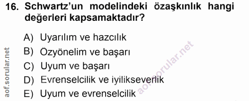 16. soru: Schwartz'un modelindeki özaşkınlık hangi değerleri kapsamaktadır? A) Uyarılım ve hazcılık B) Ozyönelim ve başarı rula…