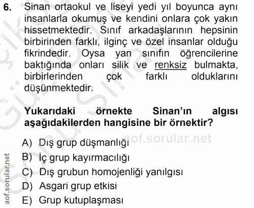 6. soru: Sinan ortaokul ve liseyi yedi yıl boyunca aynı insanlarla okumuş ve kendini onlara çok yakın hissetmektedir. Sınıf ar…