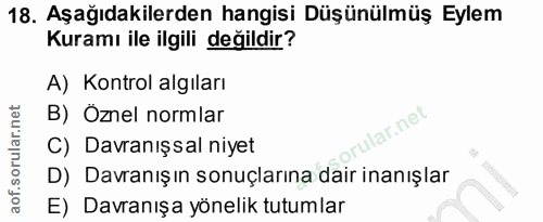 18. soru: Aşağıdakilerden hangisi Düşünülmüş Eylem Kuramı ile ilgili değildir? A) Kontrol algıları B) Öznel normlar lar.net C)…