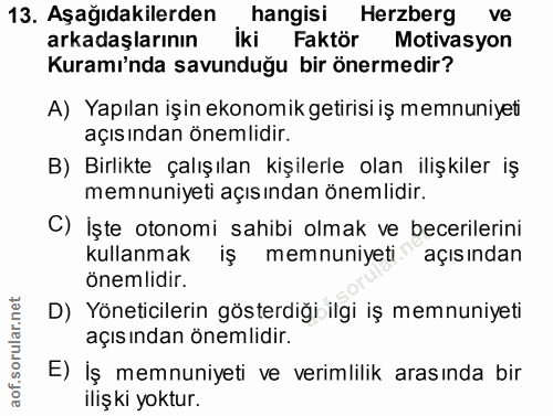 13. soru: Aşağıdakilerden, hangisi Herzberg ve arkadaşlarının iki Faktör Motivasyon Kuramı'nda savunduğu bir önermedir? A) Yapı…
