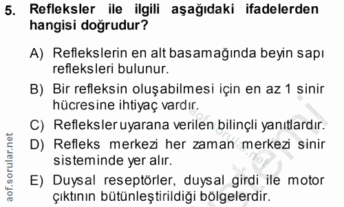 5. soru: Refleksler ile ilgili aşağıdaki ifadelerden hangisi doğrudur? A) Reflekslerin en alt basamağında beyin sapı refleksle…