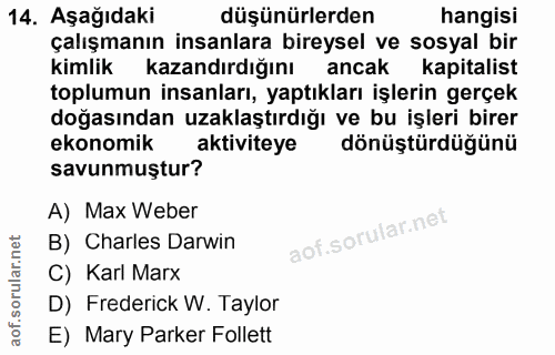14. soru: Aşağıdaki düşünürlerden hangisi çalışmanın insanlara bireysel ve sosyal bir kimlik kazandırdığını ancak kapitalist to…
