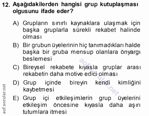 12. soru: Aşağıdakilerden hangisi grup kutuplaşması olgusunu ifade eder? A) Grupların sınırlı kaynaklara ulaşmak için başka gru…