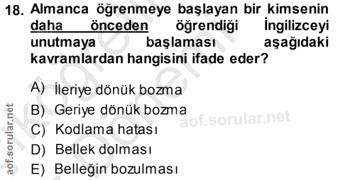 18. soru: Almanca öğrenmeye başlayan bir kimsenin daha önceden öğrendiği ingilizceyi unutmaya başlaması aşağıdaki kavramlardan…