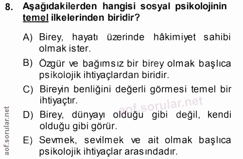 8. soru: Aşağıdakilerden hangisi sosyal psikolojinin temel ilkelerinden biridir? A) Birey, hayatı üzerinde hâkimiyet sahibi ol…