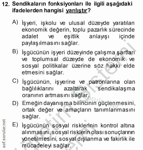 12. soru: Sendikaların fonksiyonları ile ilgili aşağıdaki ifadelerden hangisi yanlıştır? A) İşyeri, işkolu ve ulusal düzeyde ya…