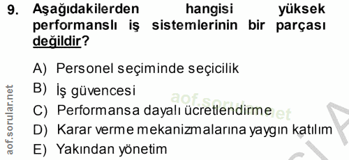 9. soru: Aşağıdakilerden hangisi yüksek performanslı iş sistemlerinin bir parçası değildir? A) Personel seçiminde seçicilik B)…
