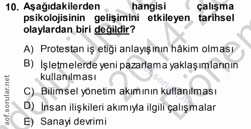 10. soru: Aşağıdakilerden hangisi çalışma psikolojisinin gelişimini etkileyen tarihsel olaylardan biri değildir? A) Protestan i…