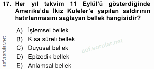 17. soru: Her yıl takvim 11 Eylül'ü gösterdiğinde Amerika'da Ikiz Kuleler'e yapılan saldırının hatırlanmasını sağlayan bellek h…