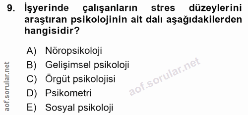 9. soru: İşyerinde çalışanların stres düzeylerini araştıran psikolojinin alt dalı aşağıdakilerden hangisidir? A) Nöropsikoloji…