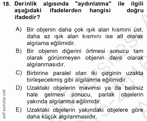 18. soru: Derinlik algısında "aydınlatma" ile ilgili aşağıdaki ifadelerden hangisi dogru ifadedir? A) Bir objenin daha çok ışık…