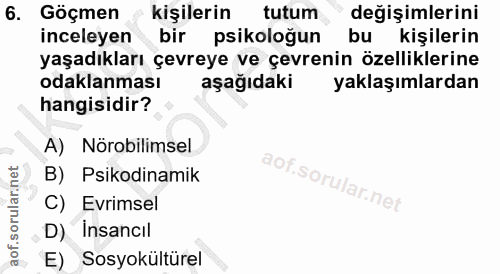 6. soru: Göçmen kişilerin tutum değişimlerini inceleyen bir psikoloğun bu kişilerin yaşadıkları çevreye ve çevrenin özellikler…