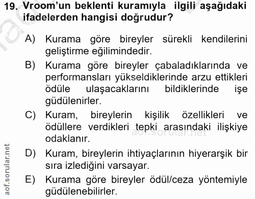 19. soru: Vroom'un beklenti kuramıyla ilgili aşağıdaki ifadelerden hangisi doğrudur? A) Kurama göre bireyler sürekli kendilerin…