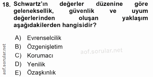 18. soru: Schwartz'in değerler düzenine gore geleneksellik, güvenlik ve uyun değerlerinden oluşan yaklaşın aşağıdakilerden hang…