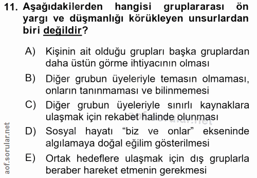 11. soru: Aşağıdakilerden hangisi gruplararası ön yargı ve düşmanlığı körükleyen unsurlardan biri değildir? A) Kişinin ait oldu…