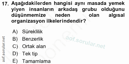 17. soru: Aşağıdakilerden hangisi aynı masada yemek yiyen insanların arkadaş grubu olduğunu düşünmemize neden olan algisal orga…