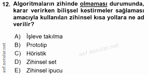 12. soru: Algoritmaların zihinde olmaması durumunda, karar verirken bilişsel kestirmeler sağlaması amacıyla kullanılan zihinsel…