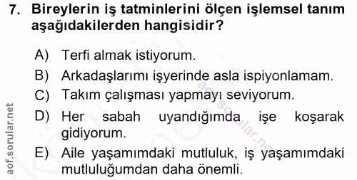 7. soru: Bireylerin iş tatminlerini ölçen işlemsel tanım aşağıdakilerden hangisidir? A) Terfi almak istiyorum. B) Arkadaşlarım…