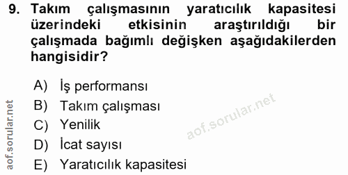 9. soru: Takım çalışmasının yaratıcılik kapasitesi üzerindeki etkisinin araştırıldığı bir çalışmada bağımlı değişken aşağıdaki…