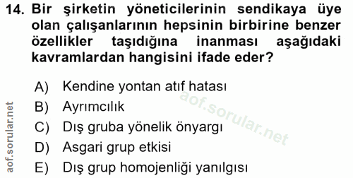 14. soru: Bir şirketin yöneticilerinin sendikaya üye olan çalışanlarının hepsinin birbirine benzer özellikler taşıdığına inanma…