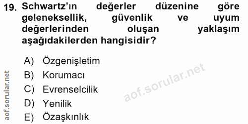 19. soru: Schwartz'in değerler düzenine göre geleneksellik, güvenlik ve uyum değerlerinden oluşan yaklaşım aşağıdakilerden hang…