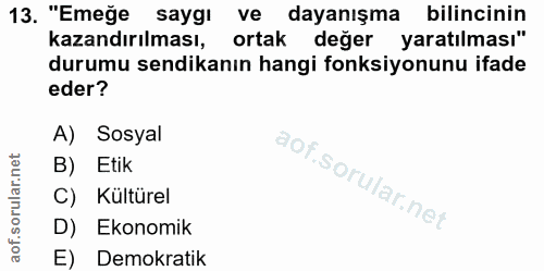 13. soru: "Emeğe saygı ve dayanışma bilincinin kazandırılması, ortak değer yaratılması" durumu sendikanın hangi fonksiyonunu if…