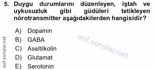 5. soru: Duygu durumlarını düzenleyen, iştah ve uykusuzluk gibi güdüleri tetikleyen nörotransmitter aşağıdakilerden hangisidir…