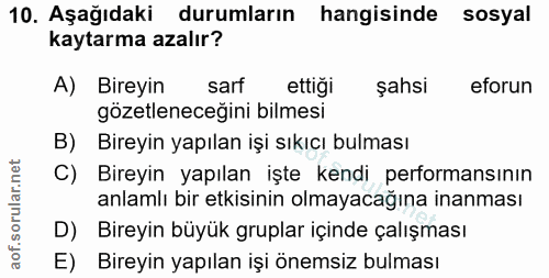 10. soru: Aşağıdaki durumların hangisinde sosyal kaytarma azalır? A) Bireyin sarf ettiği şahsi eforun gözetleneceğini bilmesi B…