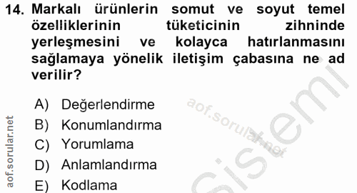 14. soru: Markalı ürünlerin somut ve soyut temel özelliklerinin tüketicinin zihninde yerleşmesini ve kolayca hatırlanmasını sağ…